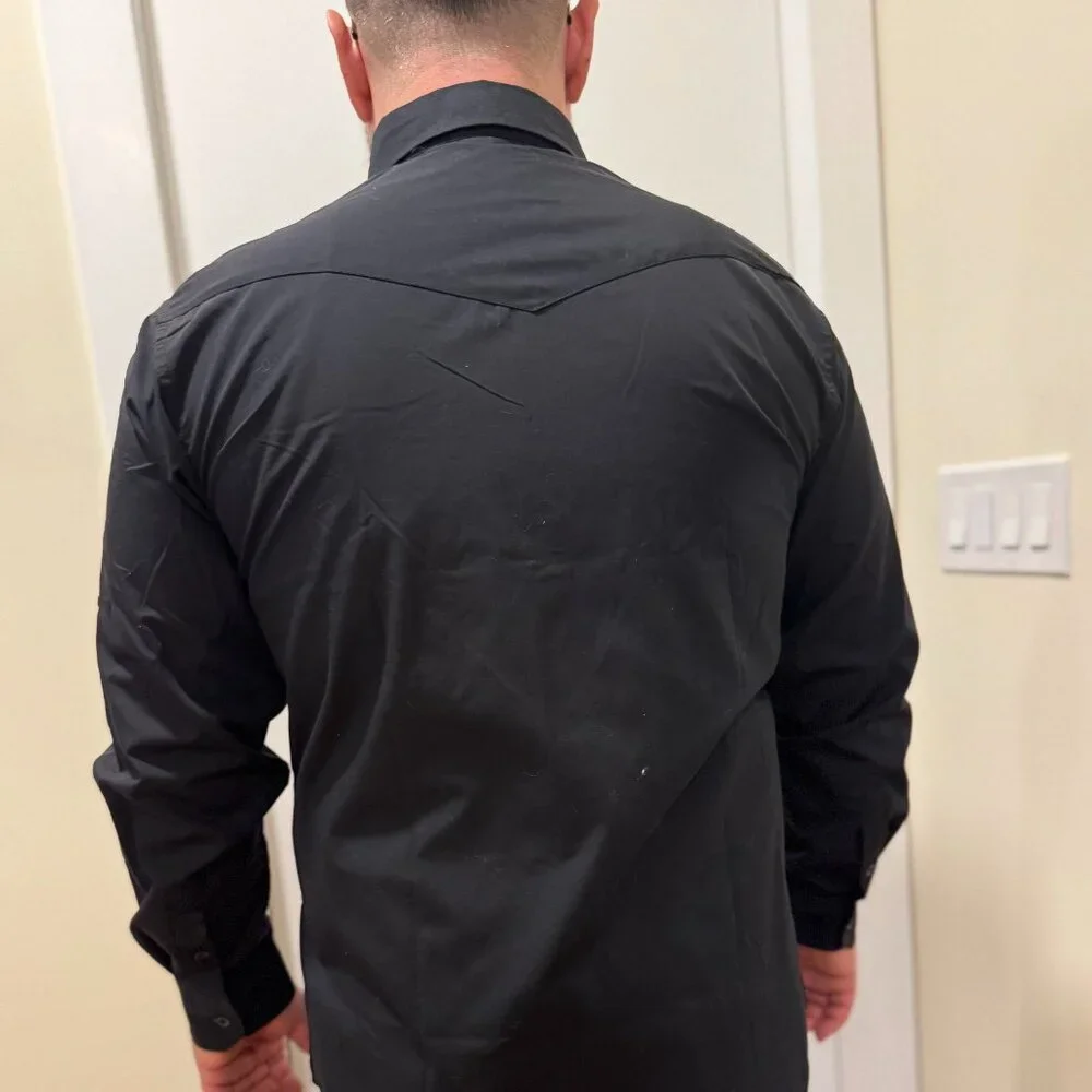 SAFARI SLEEVE!  (has button to stay rolled up) Black Dressy Casual Button Down - Picture 4 of 7
